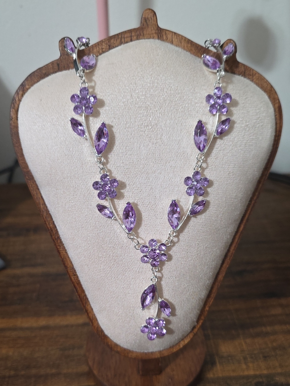 S.B Nwt Silver Floral Necklace with Purple Gemstones